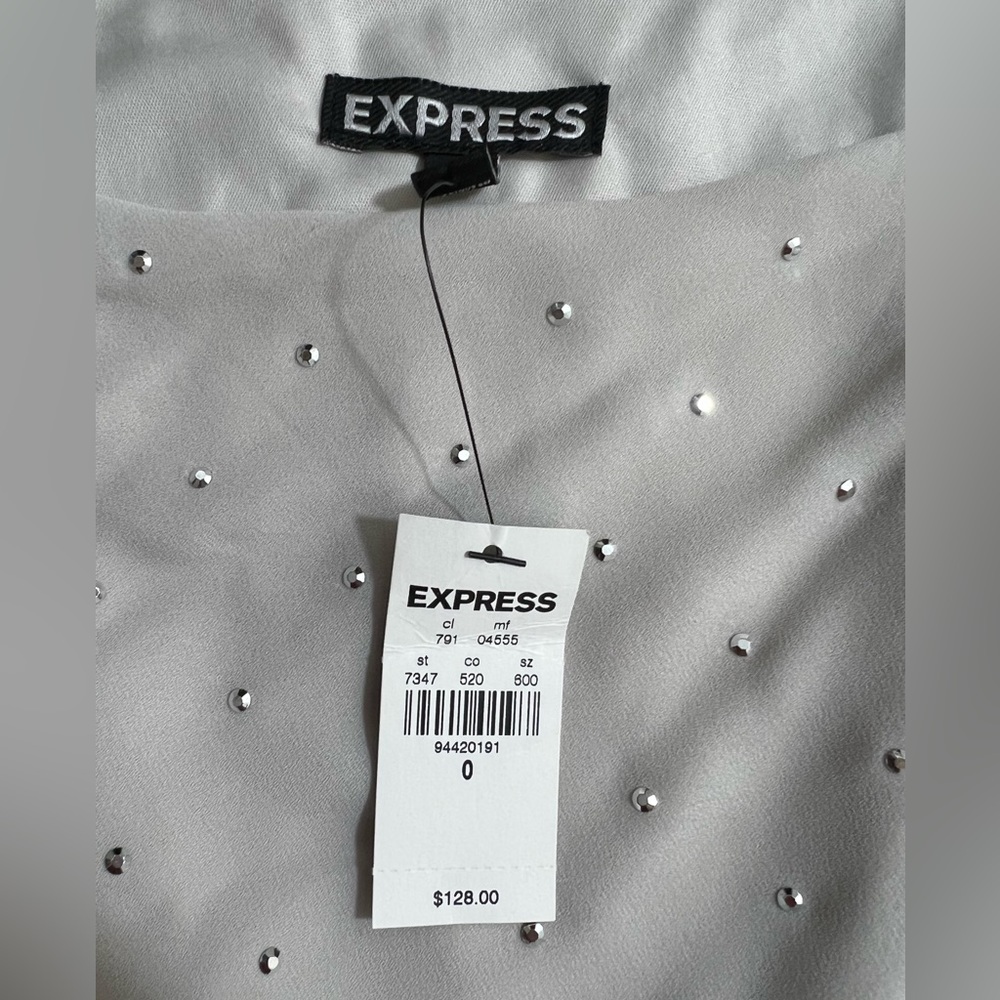 NWT‎ Express Spaghetti Strap Rhinestone One Shoulder Beige Bodycon Dress Size 0 - Picture 7 of 9